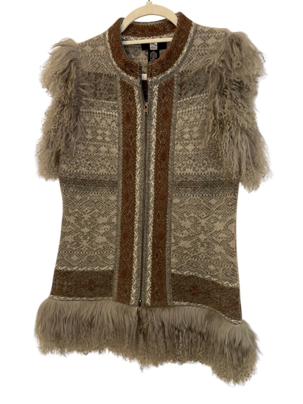 Saks Fifth Avenue Black Label gray Fair Isle alpaca Mongolian Fur trim vest jkt
